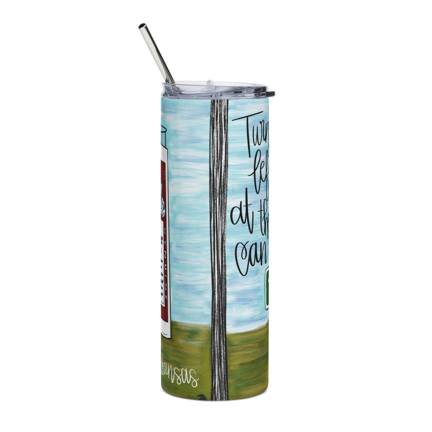 Belle Point 20oz Stainless Tumbler — 'Turn Left at the Beer Can' Roadside Brewery Travel Mug