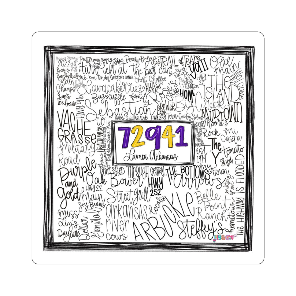 Sticker — "72941" Local Town Handlettered Wordmap Kiss-Cut Sticker