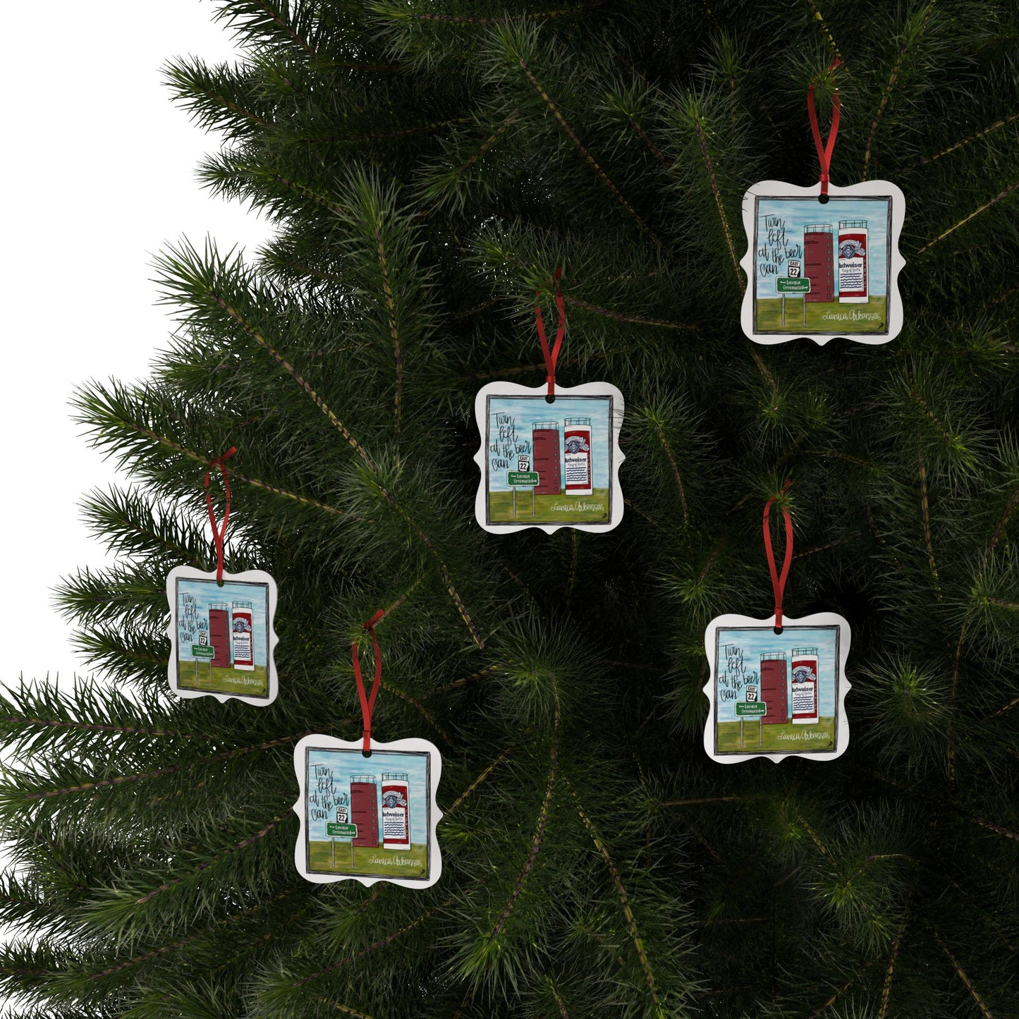 Belle Point Roadside Silos Aluminum Ornament — Rustic Beer-Themed Holiday Decoration (1–20 pcs)