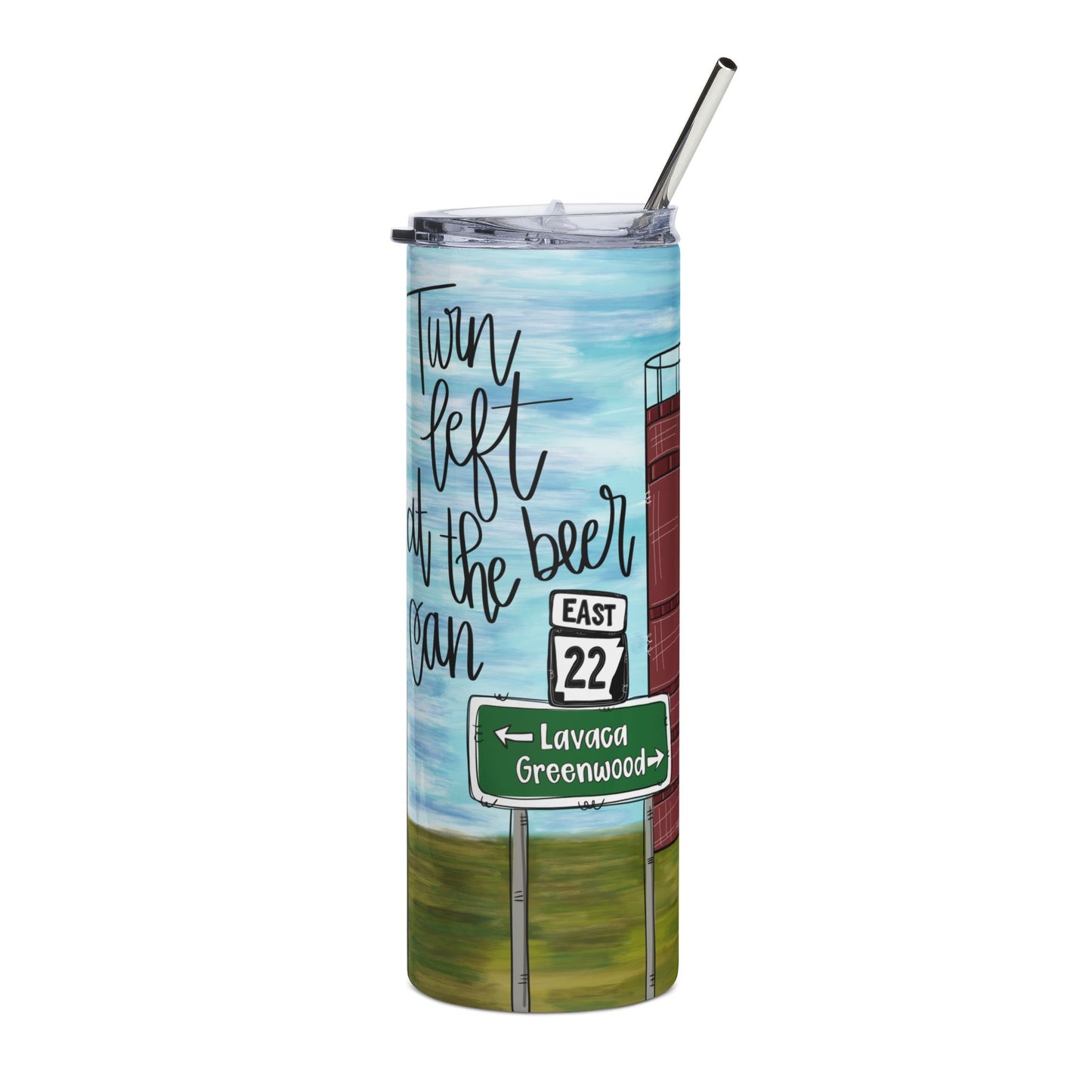 Belle Point 20oz Stainless Tumbler — 'Turn Left at the Beer Can' Roadside Brewery Travel Mug