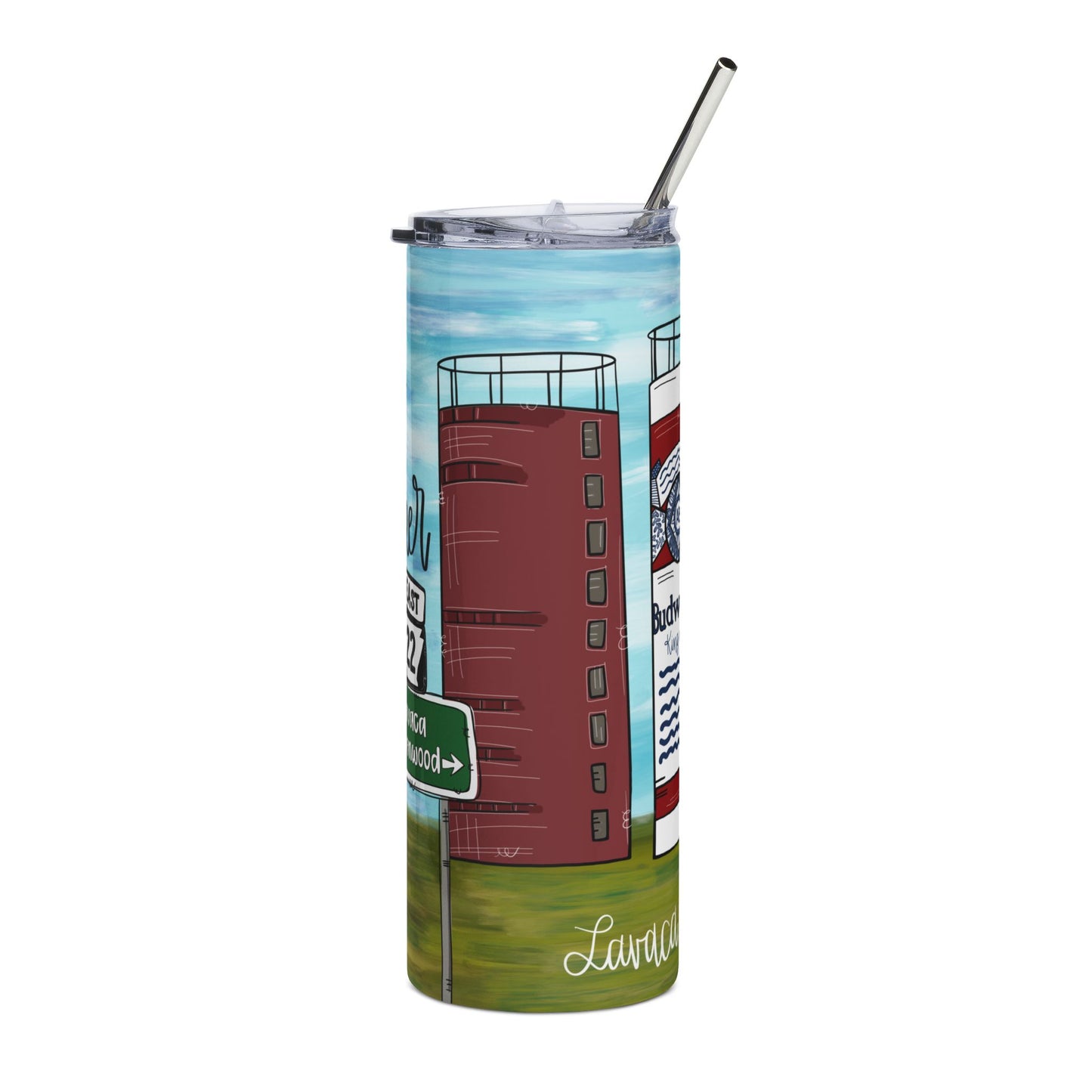 Belle Point 20oz Stainless Tumbler — 'Turn Left at the Beer Can' Roadside Brewery Travel Mug